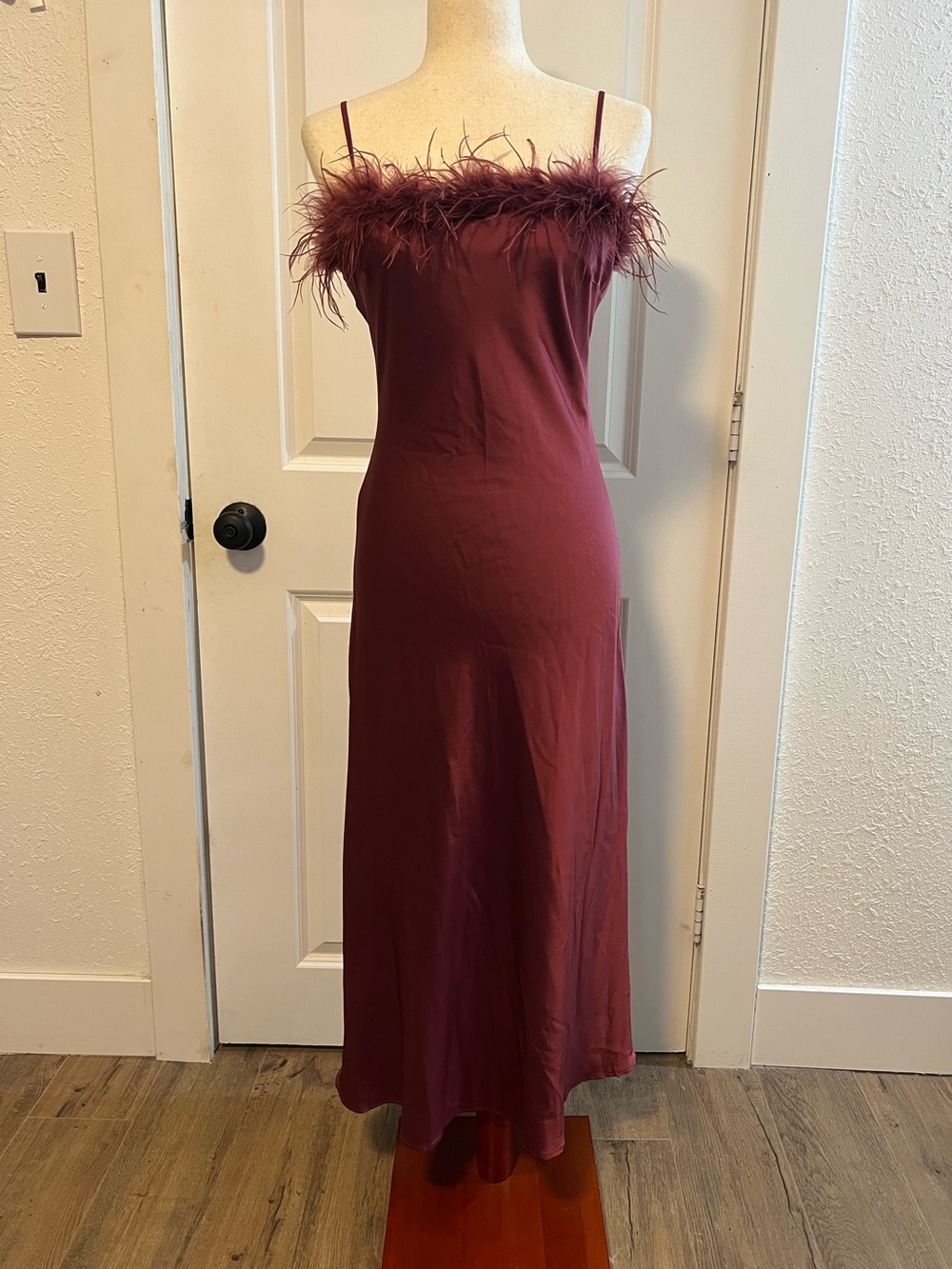 Lalavon Feather Trim Burgundy Satin Maxi Slip Dress Holiday Formal Wedding Guest